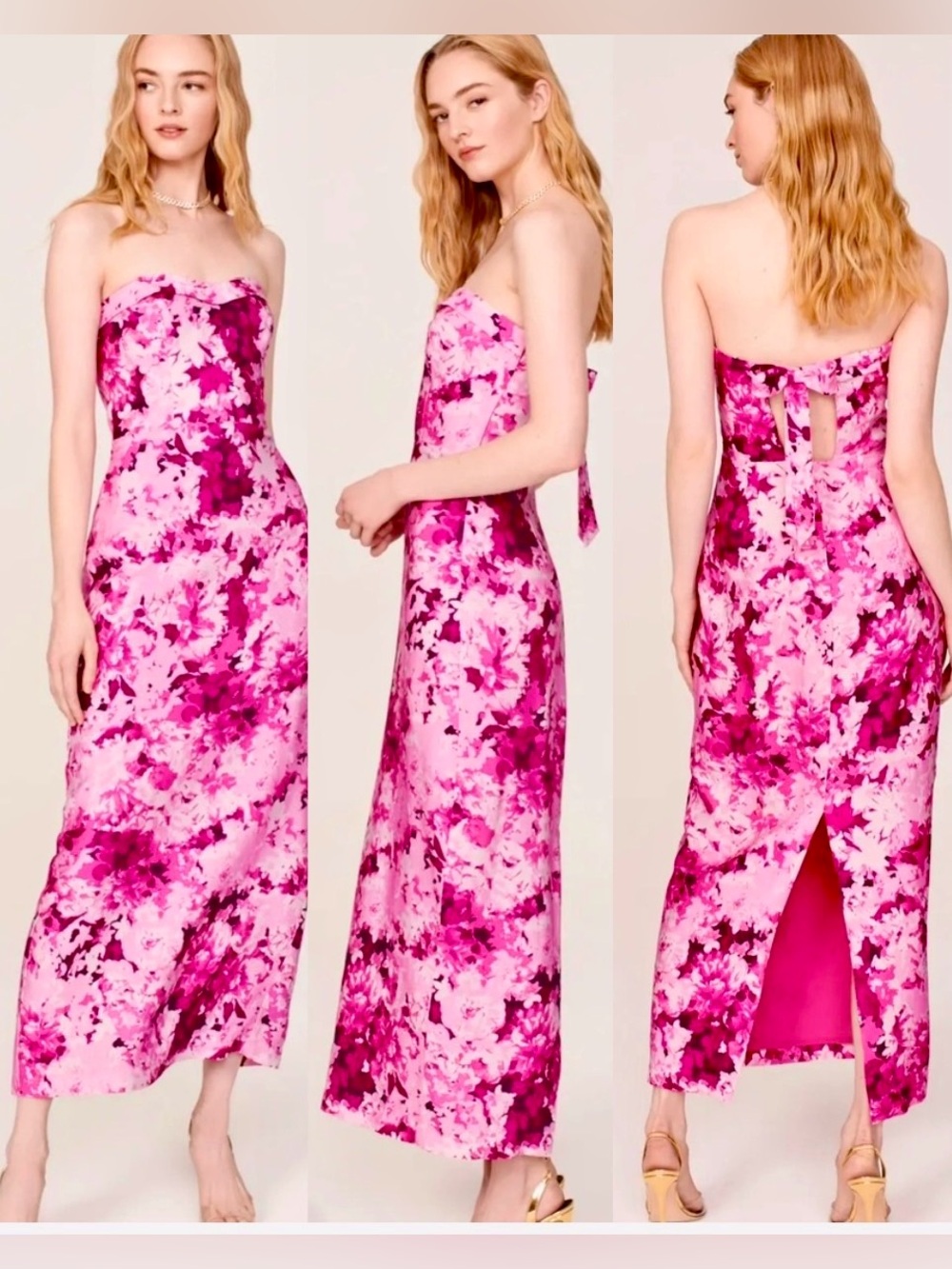 Monique Lhuillier Floral Faillie Strapless Pink Maxi Dress Size 8